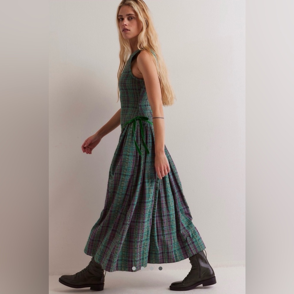 Free People Nightingale Plaid Maxi Dress L Green Purple Smocked Cottagecore
